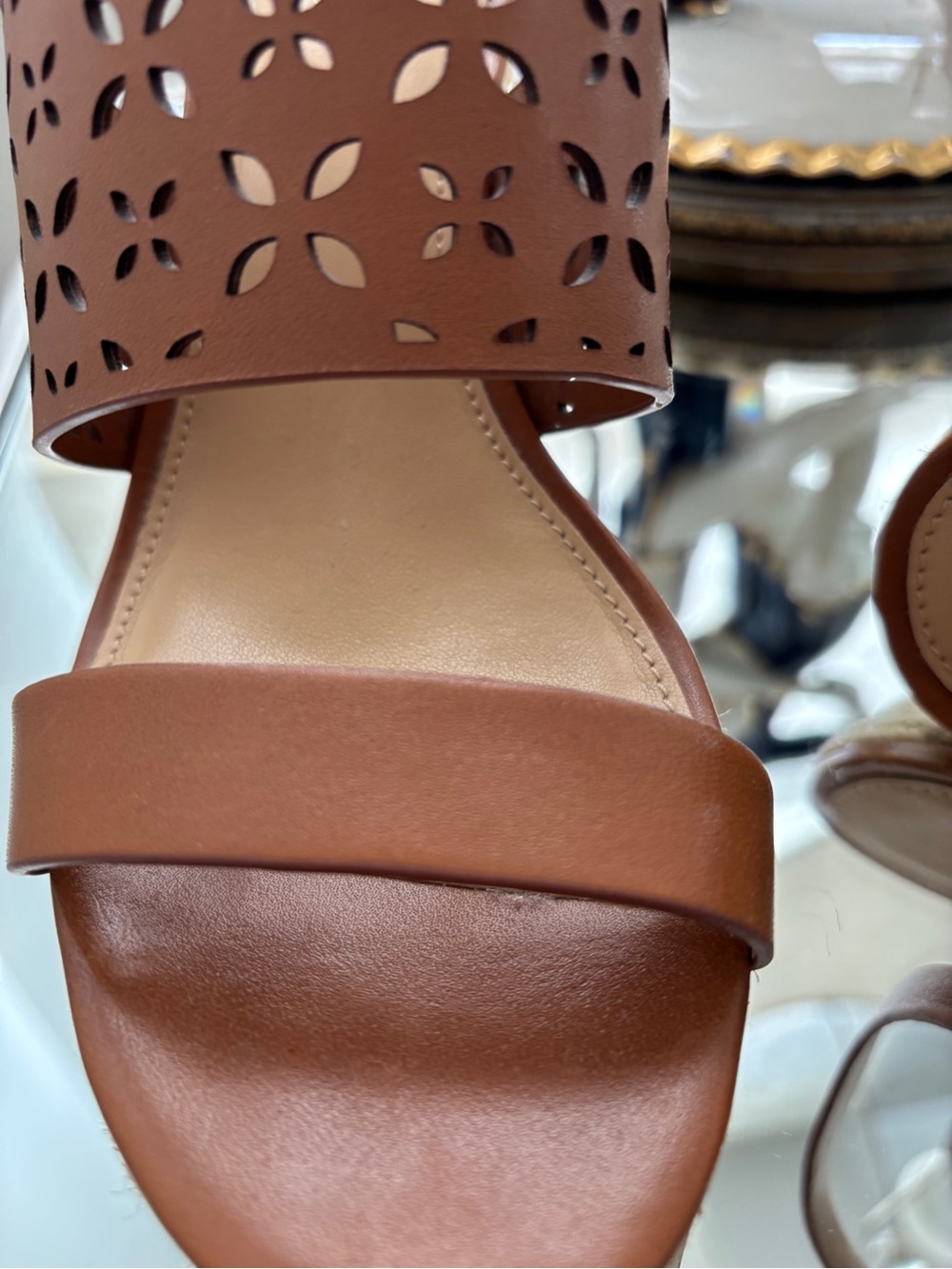 Michael Kors Tan Laser-Cut Leather Wedge Sandals - Picture 8 of 10